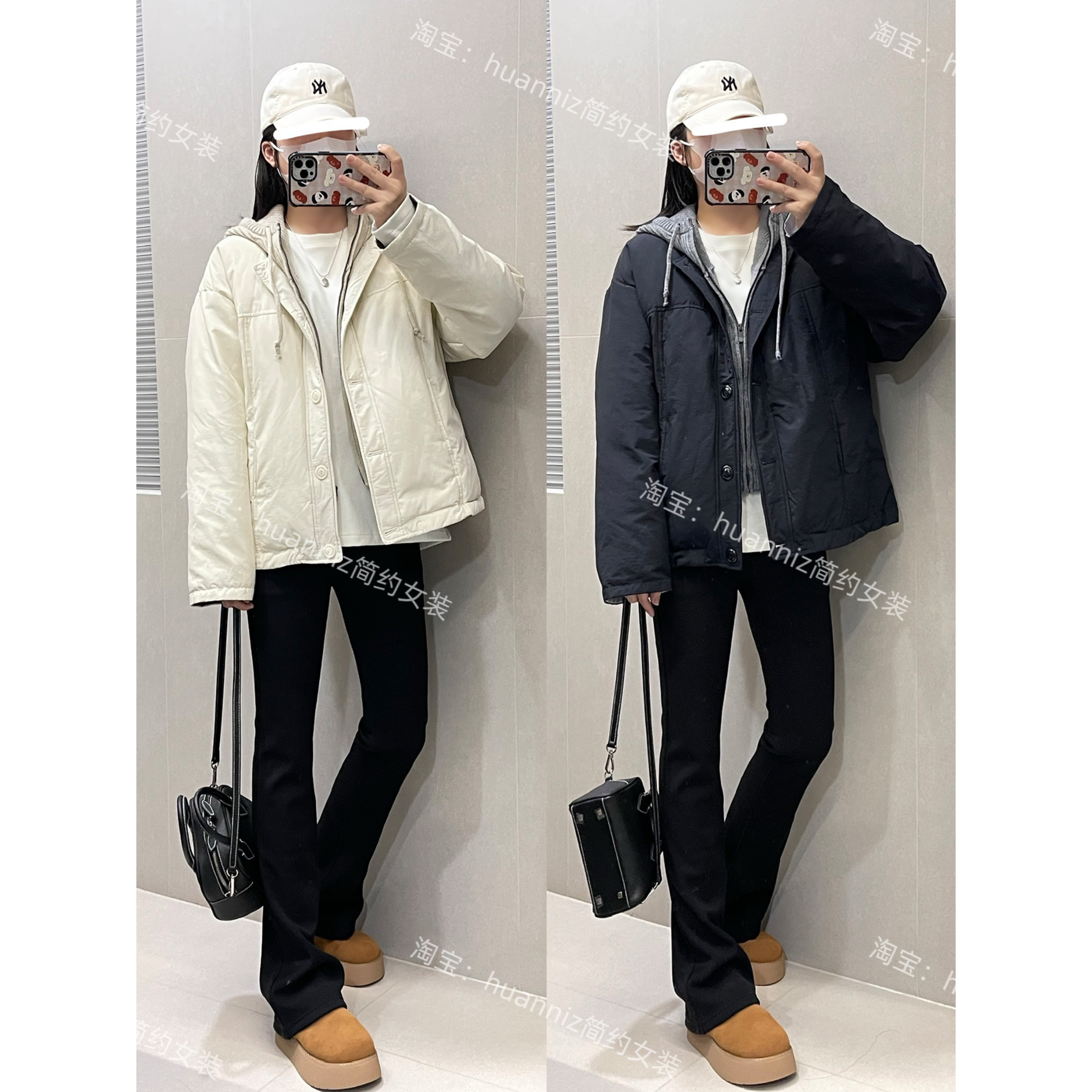 设计感针织帽拼接假两件羽绒服