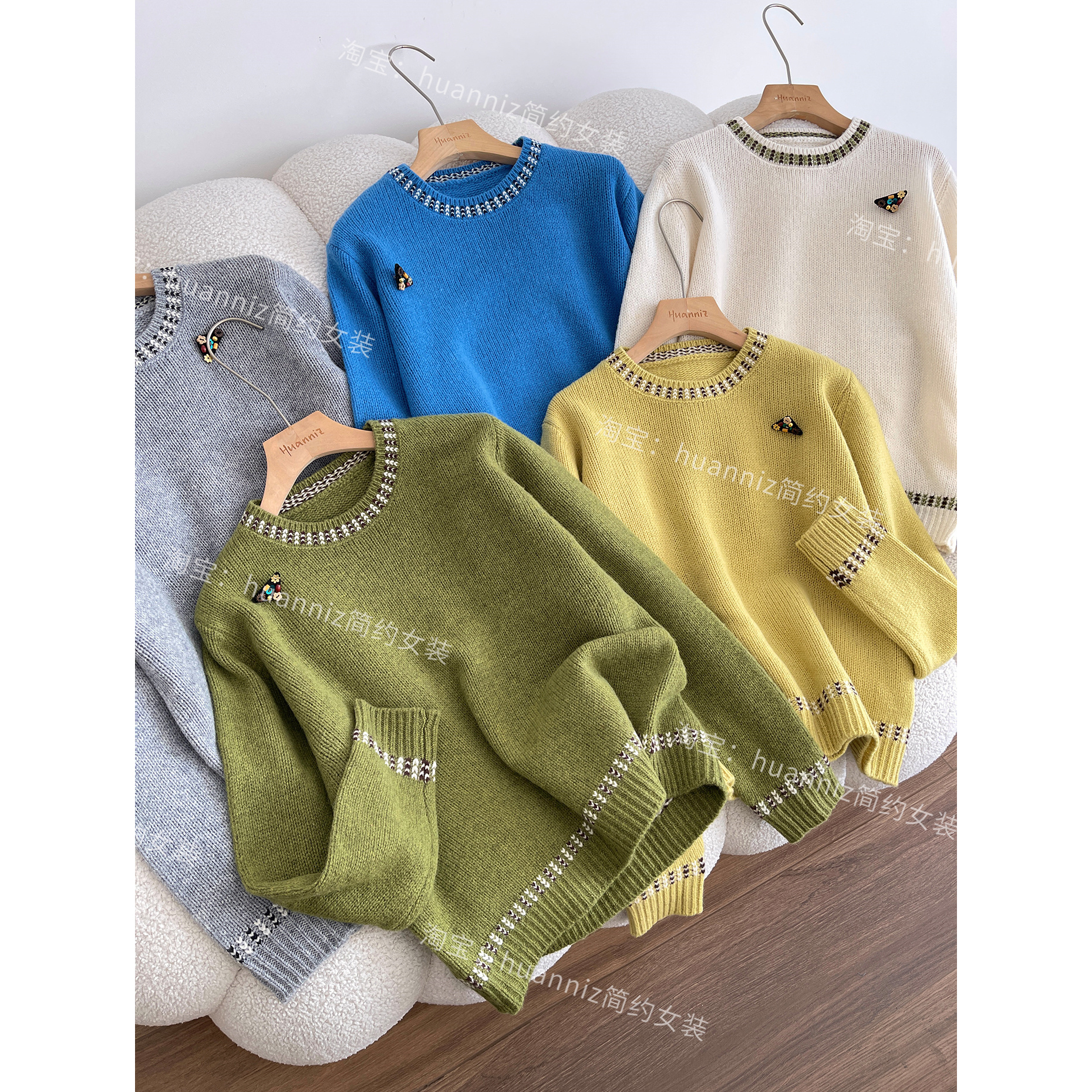 圆领设计感复古民族风编织毛衣