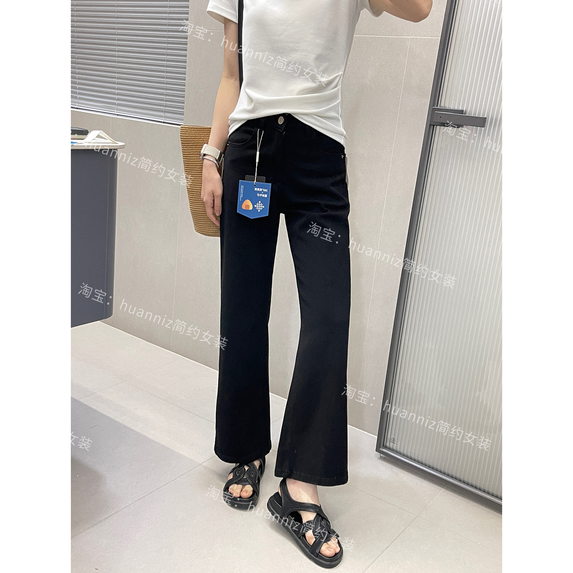 夏显瘦腿精四面弹黑色牛仔裤女高腰不贴腿小个子九分微喇裤小黑裤