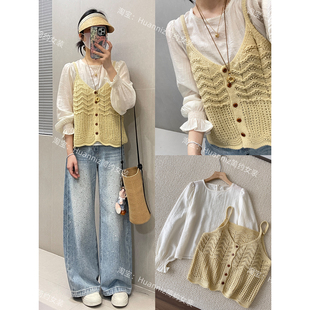 春季氛围感真两件套钩花镂空针织马甲天丝轻薄花边娃娃衫女套装