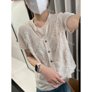 夏季重工蕾丝钉珠马甲真两件套短袖T恤韩版温柔风上衣女套装上衣