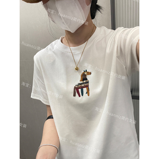 夏季好版型显瘦圆领短袖T恤亮片钉珠小马刺绣正肩上衣打底衫女