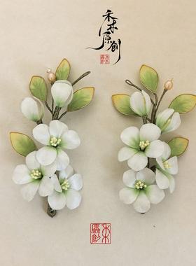 非遗手工绒花白绿梨花汉服发夹