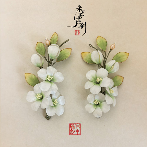 非遗手工绒花白绿梨花汉服发夹