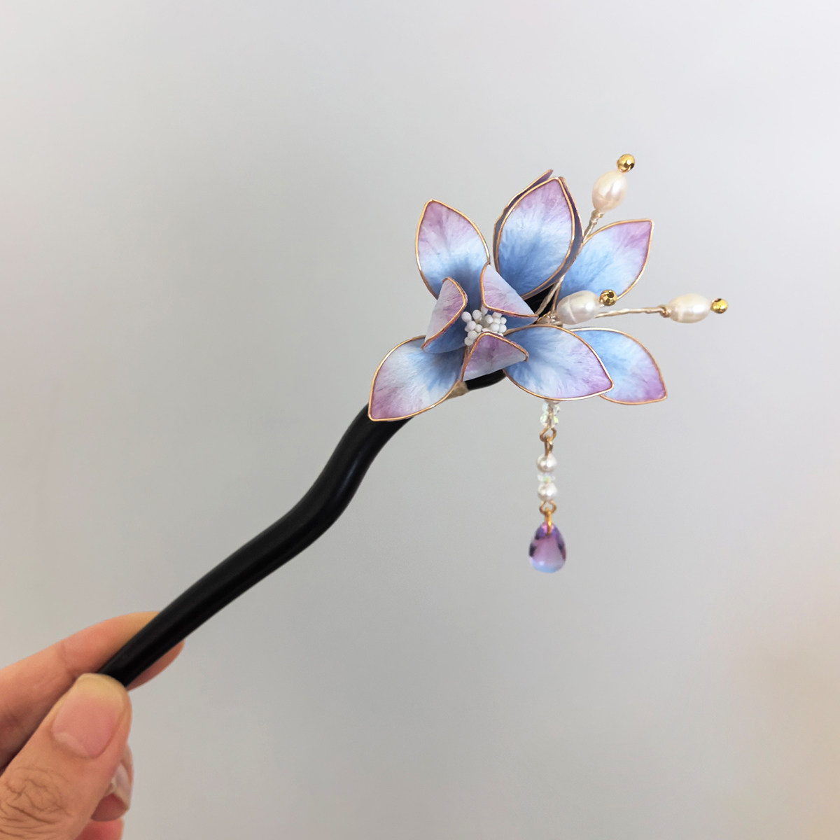 非遗绒花掐丝兰花檀木汉服发簪图片