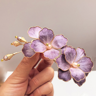 手工掐丝绒花淡水珍珠紫色蚕丝软杆头饰汉服古风发夹发梳非遗工艺
