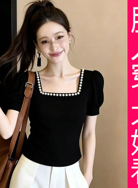大码法式珍珠方领短袖显瘦针织衫