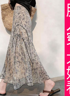 大码法式印花显瘦A字半身裙