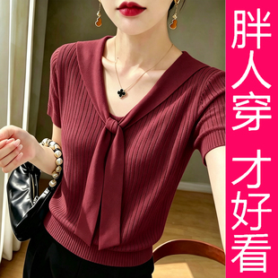 大码复古洋气V领蝴蝶结短袖针织衫女红色减龄显瘦胖MM上衣女装