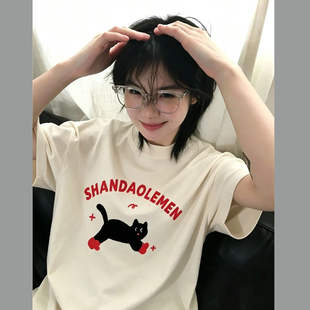跳脱小猫印花纯棉t恤短袖女夏季新款宽松休闲小清新百搭棉质上衣