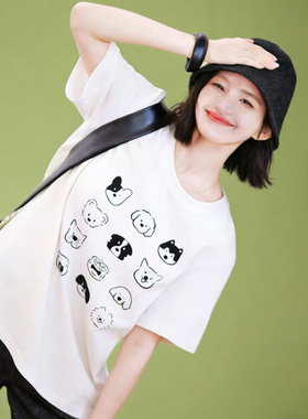 纯棉230g短袖印花t恤女夏季2026新款宽松休闲小众简约设计感上衣