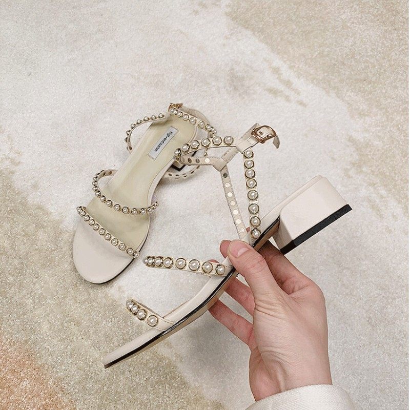 2019 summer new pattern Net Red sw Middle heel Rome Women's Shoes Toe With crude Word buckle Pearl Versatile Sandalsin the Women's Shoes, Sandals  category - from Buy2taobao.com to provide professional Taobao agent buy service