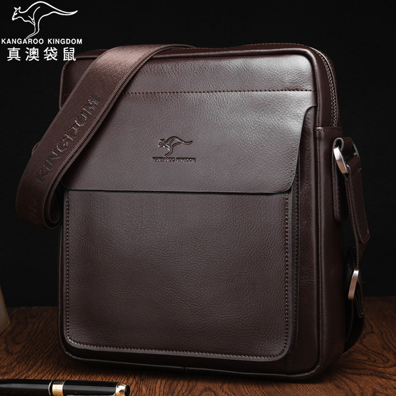 真澳袋鼠男包斜挎包真皮商务休闲牛皮小背包男士公文包单肩包男