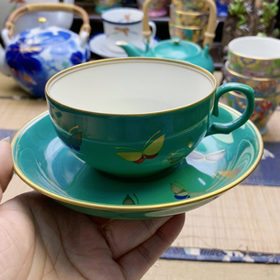 大漏!高品!香兰社绿釉金银蝴蝶咖啡杯 微氧化特价