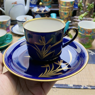 稀有款！大漏出！香兰社帝王蓝釉金兰花咖啡杯 微微牛毛痕