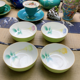 超大漏!高品!香兰社绿釉四色玫瑰米饭碗一套 特价