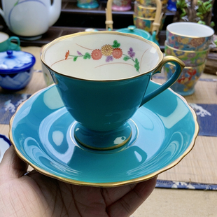 大漏!稀有款!高品!香兰社蓝釉菊吉花高足咖啡杯 孤品 特价