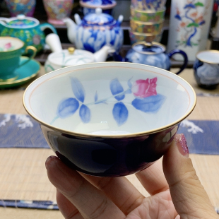 特价 大漏 香兰社帝王蓝釉玫瑰茶碗 福利出 高品