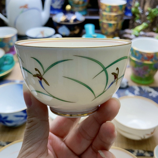 超大漏！稀有款！高品香兰社绿叶金兰花茶碗 微牛毛痕 特价出！