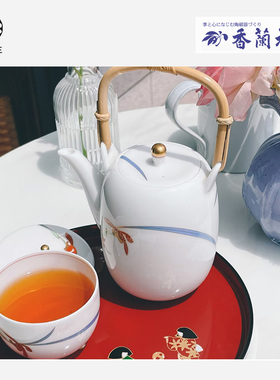 日本进口金标香兰社茶具套全新全品蓝红色兰花草骨瓷小壶日式茶具