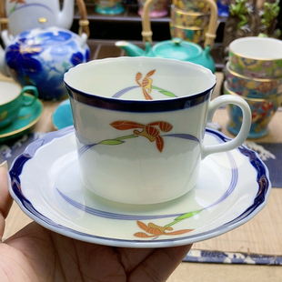 超大漏!高品!香兰社蓝边金红兰花咖啡杯 特价