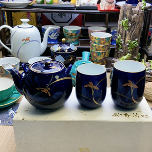 超稀有！高品！香兰社帝王蓝釉金兰花一壶两杯 带盒孤品 特价