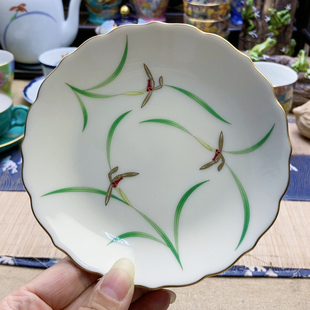 大漏！稀有款！高品！香兰社绿叶金兰花甜品盘 直径13.5 微牛毛痕