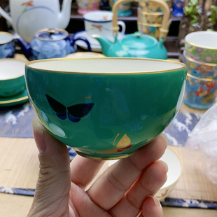高品!福利出!香兰社绿釉金银蝴蝶茶碗 微微瑕 特价