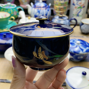 微牛毛痕 香兰东社帝王蓝釉金兰花盖碗 超级福利 高品