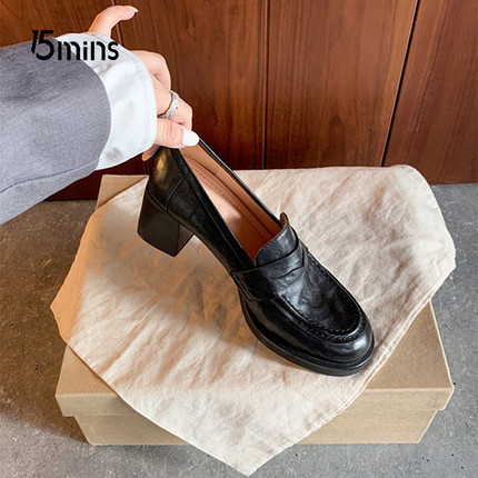 15mins厚底增高7cm_粗跟一脚蹬懒人乐福单鞋女jk小皮鞋2026新款春