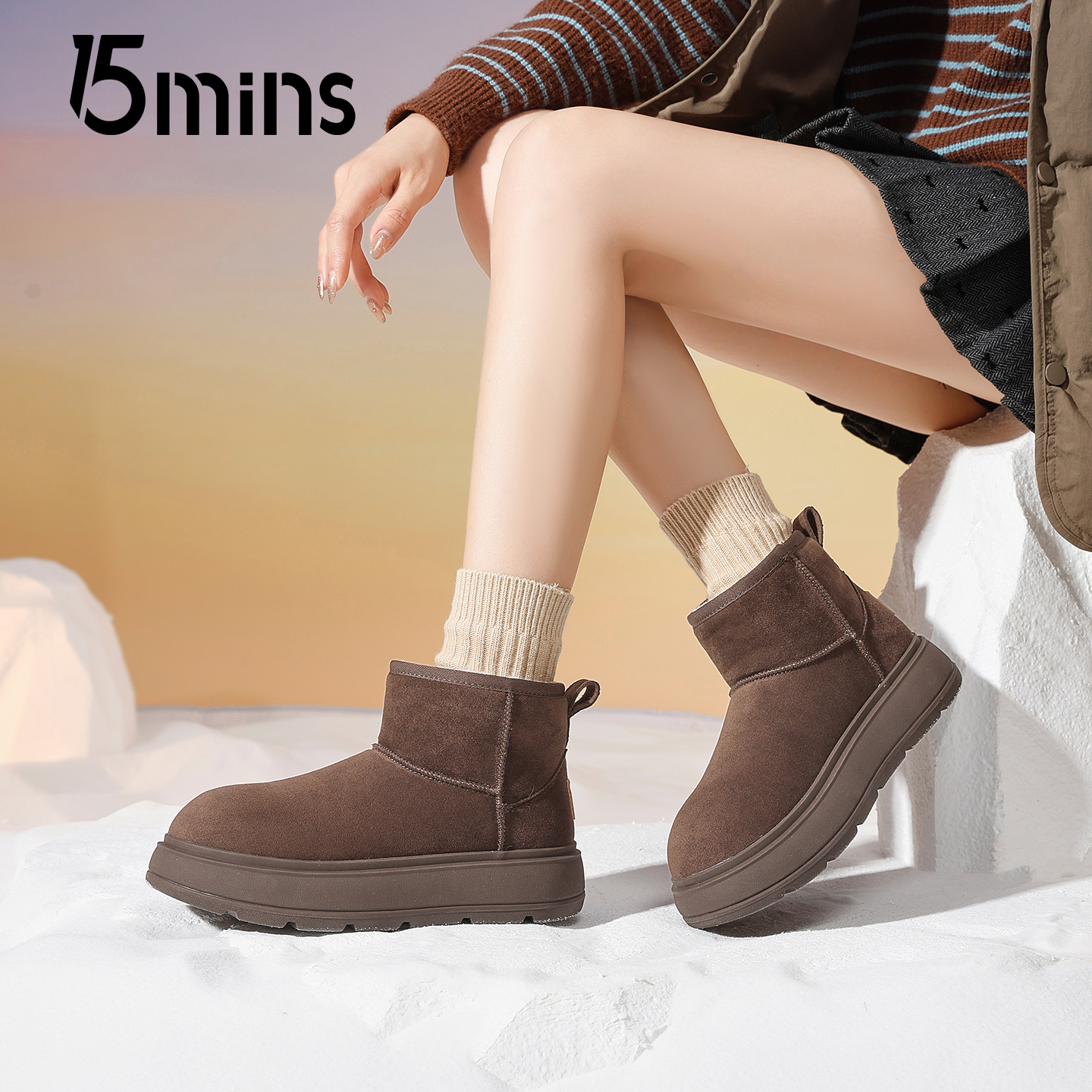 15mins加绒复古雪地靴女款2025秋季新款厚底时尚棉鞋休闲百搭短靴