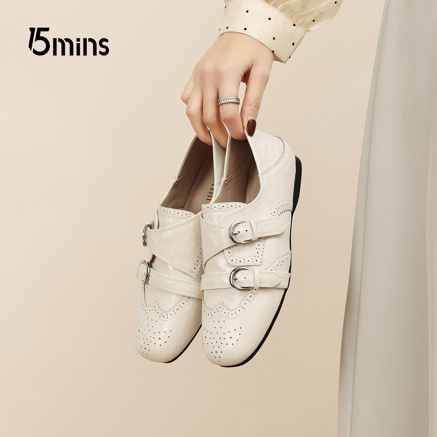15MINS复古奶白英伦风乐福鞋女2026春季新款双扣日常通勤百搭单鞋,女鞋,乐福鞋（豆豆鞋）,淘宝优惠券,粉丝福利购,淘宝优惠卷