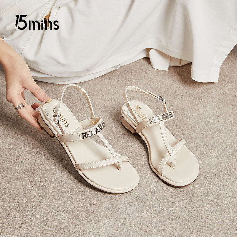 15mins夹趾罗马凉鞋女2026春季新款字母饰带低跟仙女鞋法式沙滩鞋,女鞋,罗马凉鞋,淘宝优惠券,粉丝福利购,淘宝优惠卷
