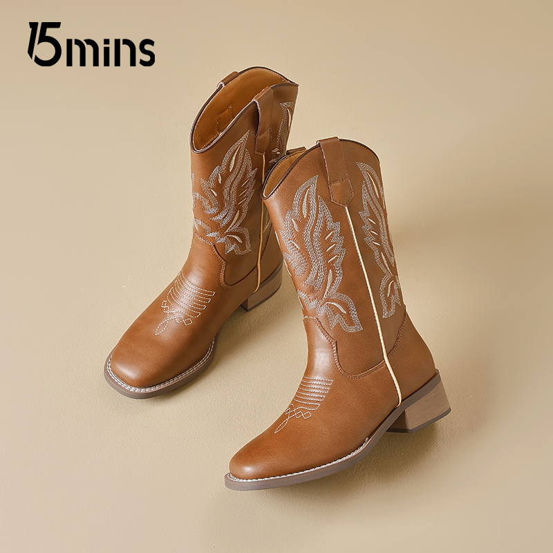 15mins复古西部牛仔靴女2025新