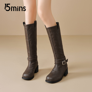 15mins棕色长筒靴女2025夏季 复古粗跟美拉德靴子巨好穿骑士靴 新款