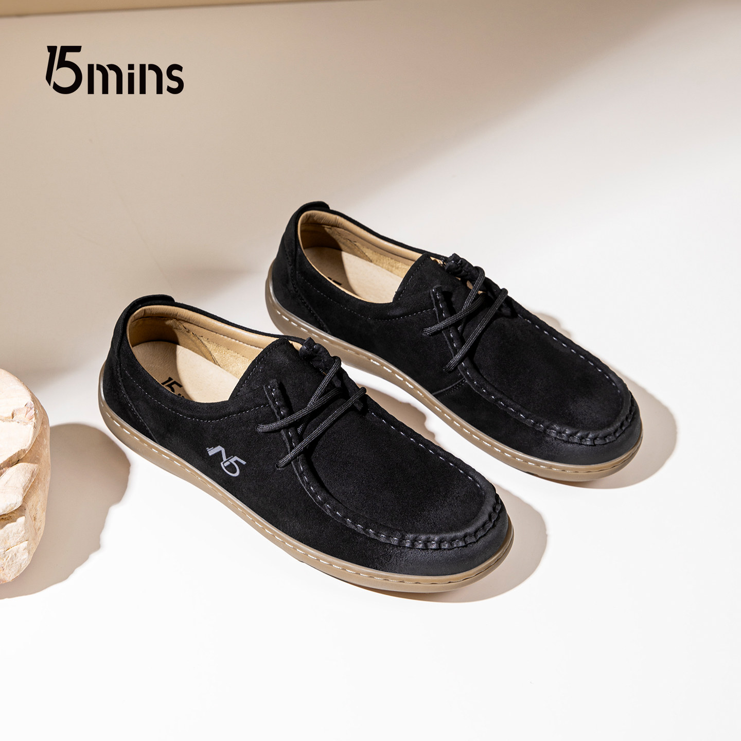 15mins男鞋2026春季新款休闲皮鞋绒面系带袋鼠鞋工装黑色乐福复古