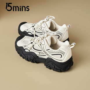 15mins厚底老爹鞋女款2026春季新款户外登山运动鞋轻便百搭休闲鞋