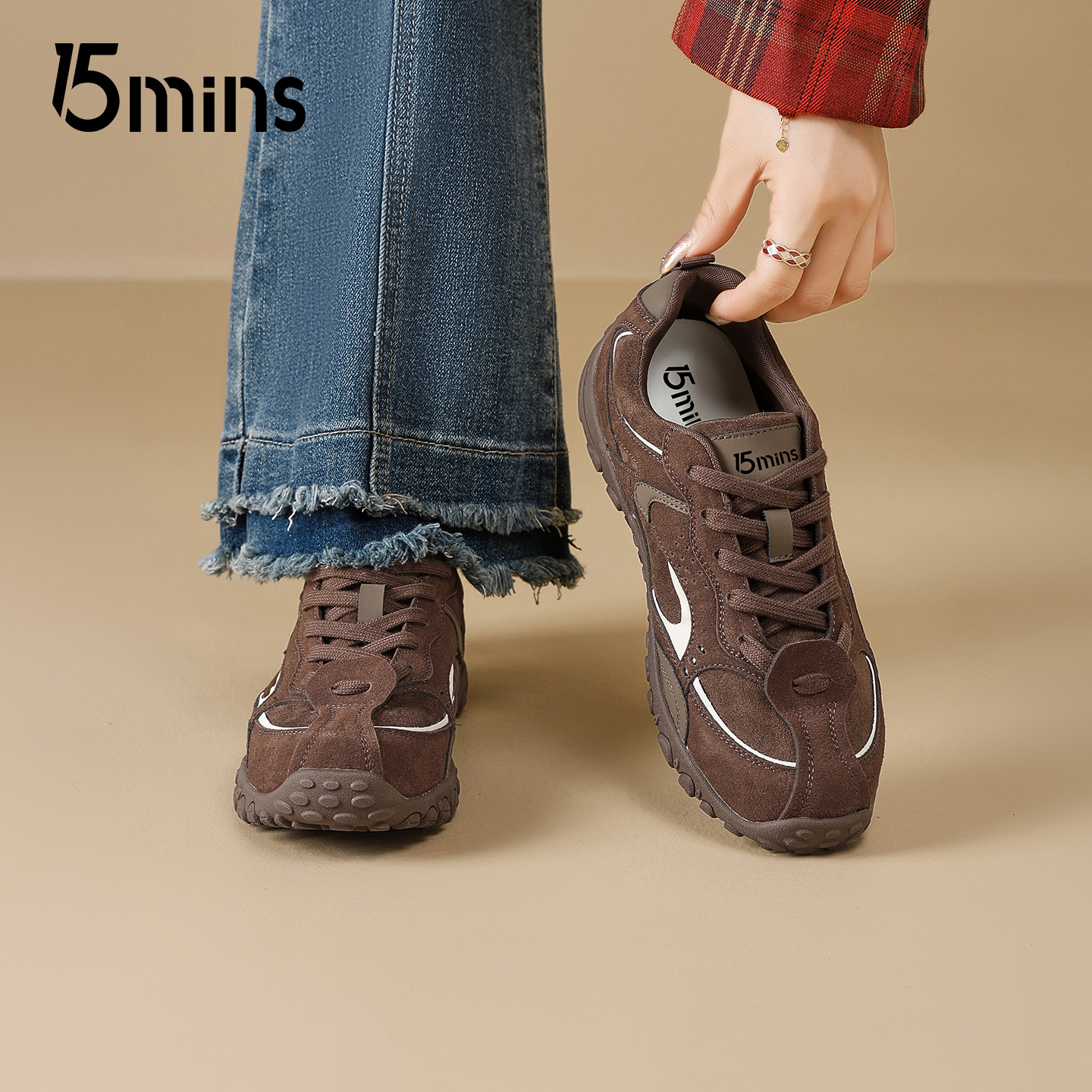 15mins棕色德训鞋女2025新款秋季