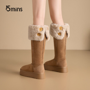 15mins厚底雪地靴女2025新款 两穿长靴东北加绒加厚高筒棉靴子 冬季