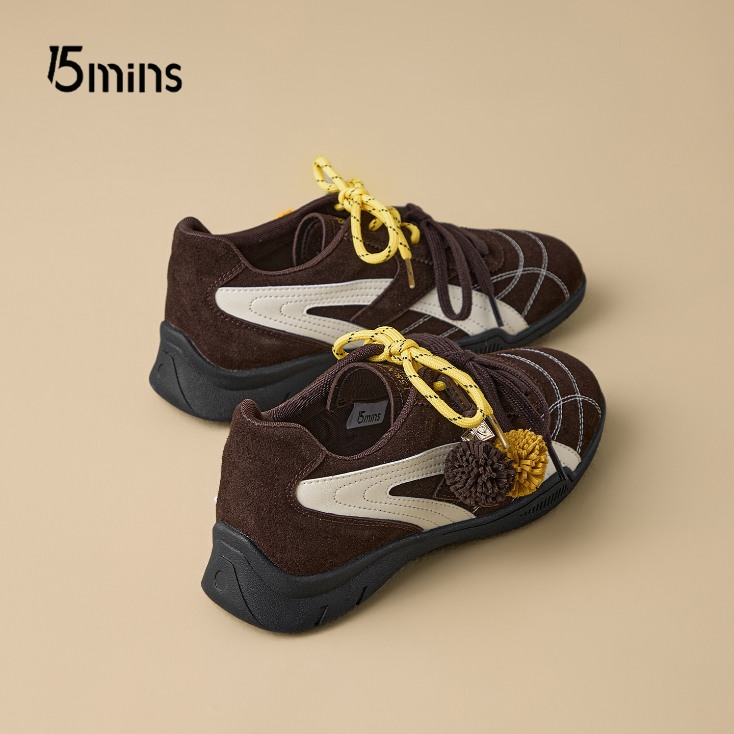 15mins棕色厚底板鞋女秋季德训鞋
