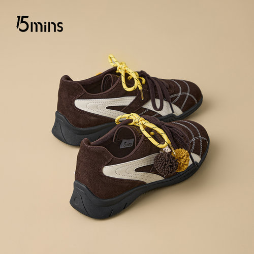 15mins棕色厚底板鞋女秋季德训鞋