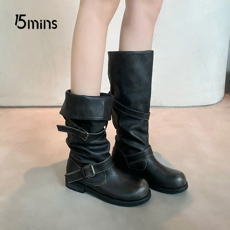 15mins黑色粗跟堆堆机车靴子女款