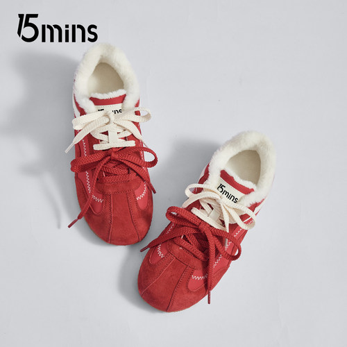 15mins芭蕾风红色德训鞋女2025冬