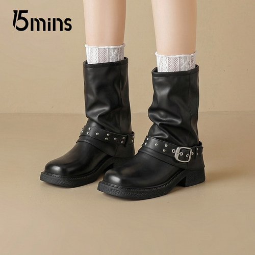 15mins黑色皮带扣机车靴女铆钉