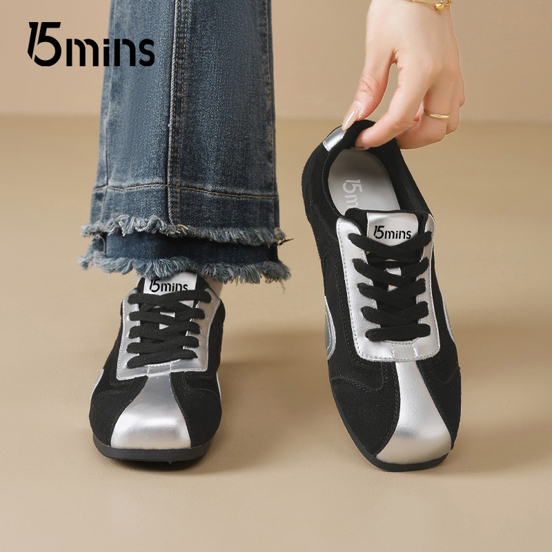 15mins黑色德训鞋女2026春季新款平底拼色百搭休闲系带阿甘运动鞋,女鞋,德训鞋,淘宝优惠券,粉丝福利购,淘宝优惠卷