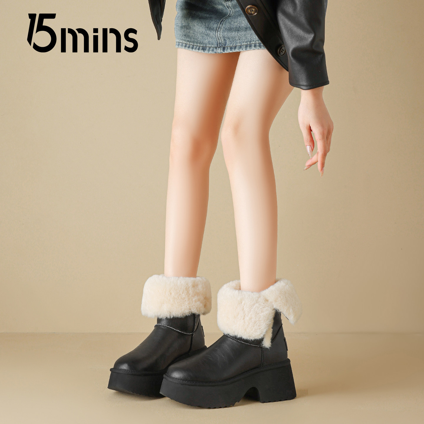 15mins翻折两穿雪地靴女2025新款冬季时尚毛绒翻边坡跟保暖棉靴子,女鞋,时尚雪地靴,淘宝优惠券,粉丝福利购,淘宝优惠卷