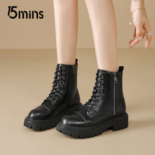 15mins黑色马丁靴女款2025新款春秋单靴厚底增高显脚小英伦风短靴