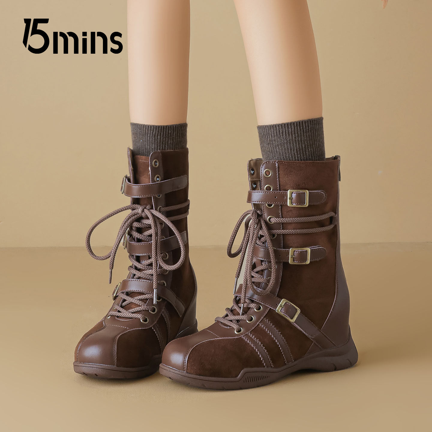15mins复古拳击靴女款2026新款秋冬美拉德机车靴棕色内增高马丁靴