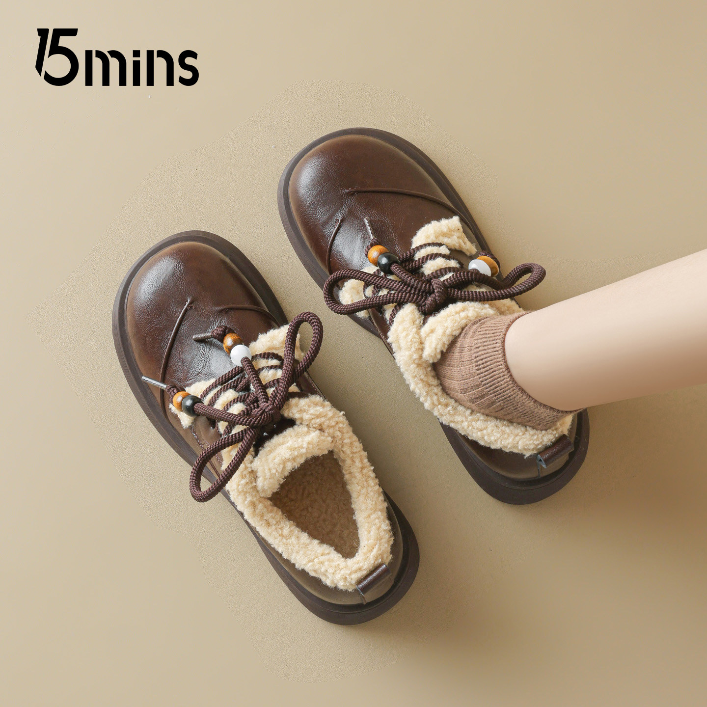 15mins棕色英伦加绒厚底乐福鞋女