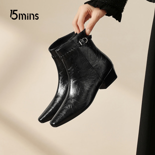 15mins粗跟摩卡短靴女2025冬季新款法式高级感气质小皮靴加绒女靴